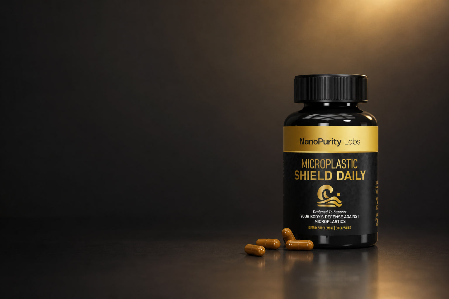 Microplastic Shield Daily bottle with capsules on a dark studio background
