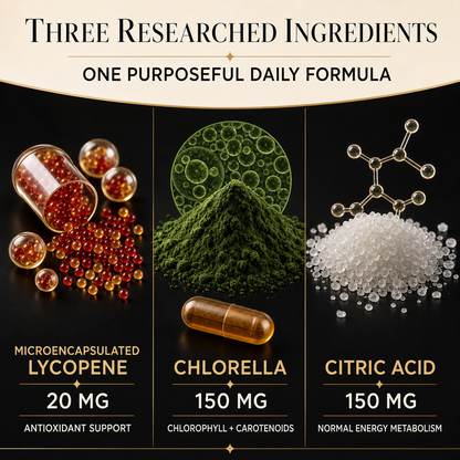 Microplastic Shield Daily ingredients: 20 mg microencapsulated lycopene, 150 mg chlorella, and 150 mg citric acid