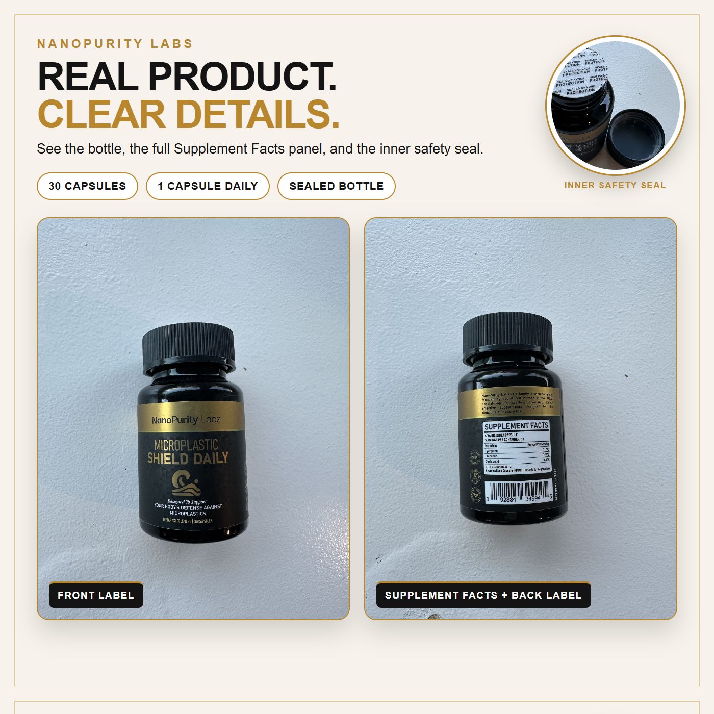 Actual Microplastic Shield Daily bottle showing the front label, Supplement Facts, and inner safety seal.