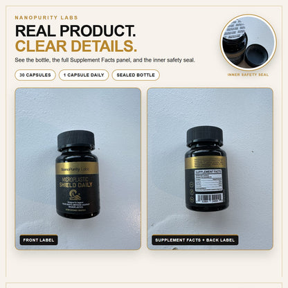 Actual Microplastic Shield Daily bottle showing the front label, Supplement Facts, and inner safety seal.
