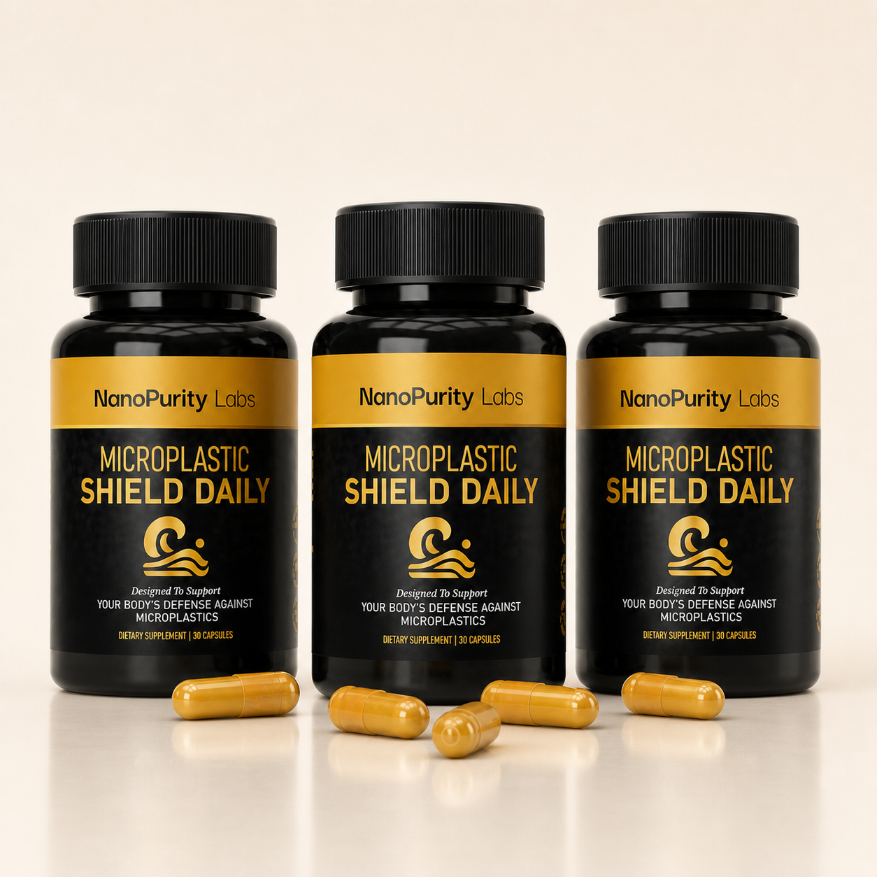 Three bottles of Microplastic Shield Daily, a 90-day supply